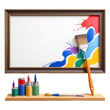 Create an icon that represents the hobby of wall painting, featuring a wall with a beautiful painting in progress. The design should include a paintbrush, a roller, and part of the wall decorated with colorful patterns or a mural. The icon should show the process of creating the artwork, with the brush strokes visible on the wall, symbolizing the artistic nature of the craft. The composition should be balanced and harmonious, evoking creativity and skill. The background should be transparent sticker