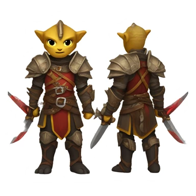 Dragonborn fighter with twin swords  with red blades and yellow Handel  sticker