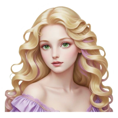 Cinematic Realistic Rapunzel Portrait, with porcelain-like skin featuring a subtle, natural glow, illuminated by soft lighting that brings out the gentle contours of her face. Her long, golden blonde hair cascades in detailed waves, each strand highlighted with a radiant shimmer as it catches the light. Her bright, expressive green eyes exude curiosity and warmth, framed by delicate lashes and soft, arched brows. Her expression is playful and vibrant, with a gentle smile. She is dressed in her classic lavender and pink gown, the fabric textured with delicate folds that flow naturally, catching the light with a soft, radiant glow. The portrait captures a luminous, enchanting aura, seamlessly blending realism with a whimsical, fairytale charm, evoking a timeless sense of beauty and magic. sticker