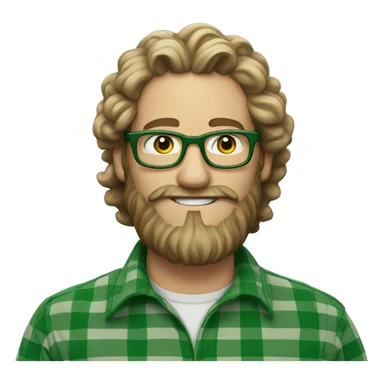An emoji of a white man with long curly hair tied into a bun, wearing green prescription glasses. He also has a long beard and is wearing a green plaid shirt. sticker