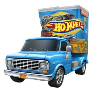 Side-on shot, Hot wheels, Hot rod, large panel van truck,1970 with exposed chrome exhaust pipes, blue, large wheels in back, large logo on the side is “Stinky’s Diaper Cleaner” in large letters  sticker