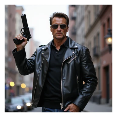 realistic style, full-body Terminator (Arnold Schwarzenegger) in leather jacket, holding a gun raised, urban background sticker