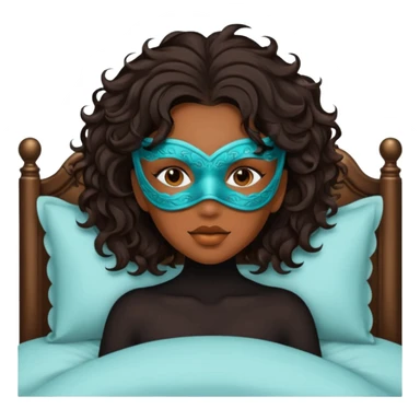 Um amenina super linda com cabelo marrom meio preto ondulado na cama com máscara no rosto sticker