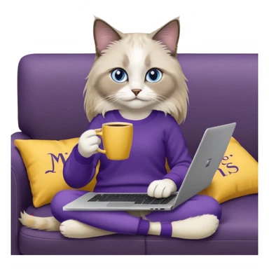 a cute blue eyed brown and white ragdoll cat with white paws and brown and beige tail wearing the dark violet sweater with yellow letteting "Milena" sitting on the grey sofa with grey laptop Lenovo and drinking coffee sticker
