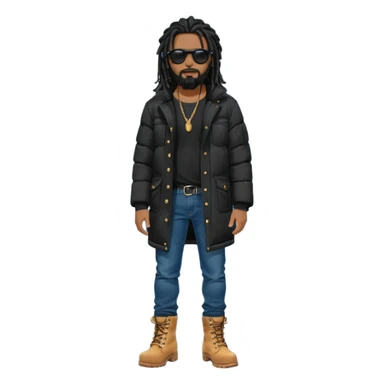 African American man with shoulder length black dreadlocks with black beard wearing black sunglasses wearing a black bubble winter coat wearing denim skinny jeans wearing wheat timberland boots standing up sticker