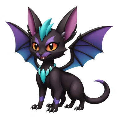 dark spooky badass cool shiny glossy smooth soft Black edgy Noivern-Noibat-Purloin-Torracat-Lykoi-Caracal-cat-Fakemon-fusion-hybrid-creature with bat wings on head as ears, big fangs, gothic markings sticker