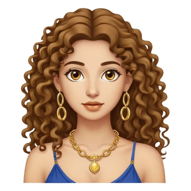 attractive Greek woman with long curly hair and light skin wearing gold hoop earrings and a gold necklace sticker