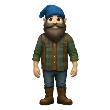 Full-length, dark-bearded, young gnome with a blue woolen hat, brown boots and a green plaid shirt. The body should be cartoonish and not realistic. sticker