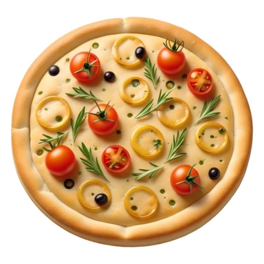 cinematic-realistic-focaccia-bread-dish-emoji,-depicted-as-a-golden,-olive-oil-brushed-flatbread-sprinkled-with-herbs-rendered-with-lifelike-texture-and-soft,-appetizing-lighting showing olives on top and the cherry tomatoes sticker