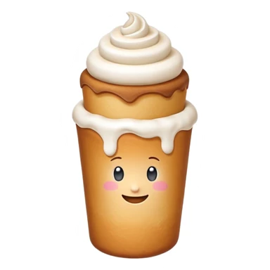 Cute emoji of a Hungarian chimney cake (kürtőskalács), cylindrical pastry, light brown baked dough with sugar coating, topped with white whipped cream, served in a small white paper cup sticker