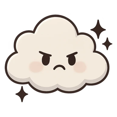 chibi sticker-style cloud with black sparkles and a moody expression, cute and exaggerated sticker