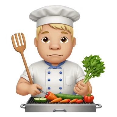 hippo man with tied blond hair and and a white apron grilling vegetables on a sizzling grill sticker