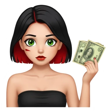 Girl. Green hazel eyes. Black hair with red money-piece hair style and red perk-a-boo underlights. Medium long hair. black strapless crop top. birthmarks on the lower right side of the nose and under the lips on the left. Skinny face. sticker