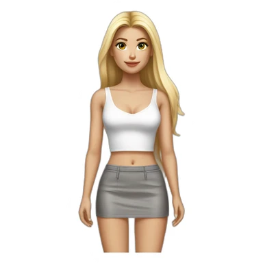 hyperrealistic caucasian blonde, long straight hair, white deep v-neck crop tanktop, gray tight mini skirt sticker