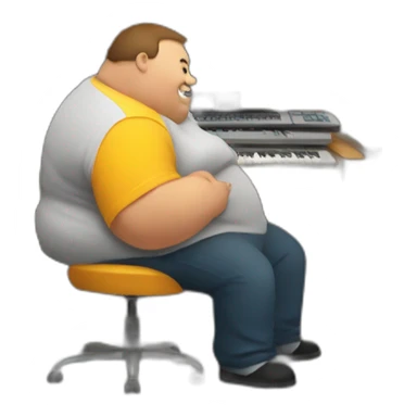 obese person in a cellar typing on a keyboard sticker