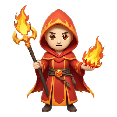 Clash of Clans aesthetic: Cinematic Ferocious Fire Mage Hero Emoji, rendered in a 3D vector-style similar to standard emojis with minimal shading and bold, simplified shapes. A compact, isometric figure draped in flowing, charred and ember-lined robes, wielding a fiery staff crackling with intense flames. Eyes burning with an infernal glow, exuding raw, untamed power. Simplified yet unmistakably iconic, highly detailed and consistent, glowing with a fiery, molten radiance and high shine. Stylized with a touch of menacing sorcery and a searing, ember-infused outline, capturing the essence of a wrathful mage ready to unleash devastating fire magic! sticker
