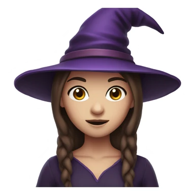 a young white thin girl with straight brown hair and dark eyes dressed as a witch with purple hat sticker