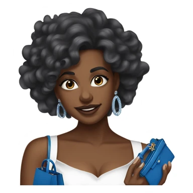 Brown Black woman in her mid-20s with blowout curls, wearing a white dress, holding a blue mini Hermes Kelly BAG, and a 7-carat ring. A White  man with blue eyes, dark grey hair, mustache, and an expensive watch, smiling at her.” sticker
