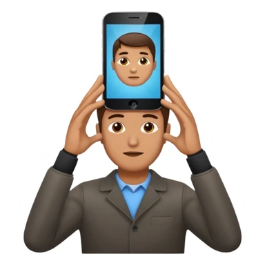 a guy holding 1 smartphone with both hands horizontally on top of his forehead sticker