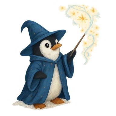penguin wizard casting a spell with magical sparkles sticker
