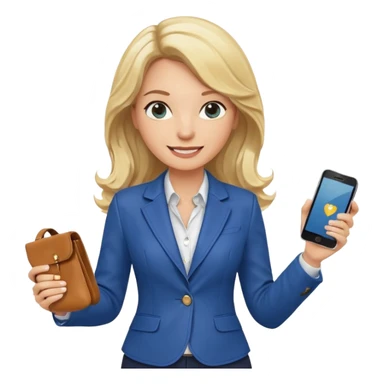 Confident and outgoing female entrepreneur, Caucasian features, medium-length wavy blonde hair, big friendly smile, expressive eyes, wearing a fitted blue blazer over a light blouse, holding a smartphone in one hand and a leather handbag in the other, waist-up, front-facing sticker