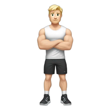 Full height Pale skinned fit man With Wide jaw, biceps and blonde hair In dark gray sleeveless mike, black oversize sports shorts, watch and white sneakers. his arms crossed over his chest sticker