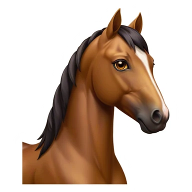 Cinematic Noble Bay Horse Portrait Emoji, Poised and regal, with a strong, athletic build and a rich, well-groomed bay fur accented by a dark mane and tail, deep-set soulful amber eyes, Simplified yet sharp and sophisticated features, highly detailed, glowing with a warm, dignified glow, high shine, intelligent and majestic, stylized with an air of equine elegance, focused and attentive, soft glowing outline, capturing the essence of a watchful and confident steed, so majestic it feels as though it could gallop out of the screen with effortless authority! sticker