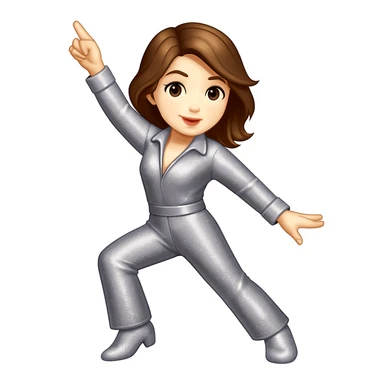 Make the woman do the exact pose of the 🕺🏻 emoji (one arm up, one arm out, one leg bent), keep white skin, brown hair, sparkly jumpsuit, emoji style sticker
