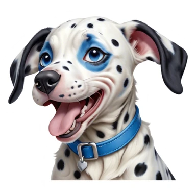 Cinematic Cute Yawning Harlequin Dalmatian Portrait Emoji, Head tilted slightly with a dramatic, wide-open yawn, showcasing a smooth Fur of predominantly white with bold black patches, floppy ears slightly drooping, round blue eyes barely open in drowsy contentment, Simplified yet irresistibly adorable features, highly detailed, glowing with a soft, cozy glow, high shine, relaxed yet expressive, stylized with a touch of whimsy, bright and endearing, soft glowing outline, capturing the essence of a sleepy yet affectionate guardian, so drowsy it feels like it could stretch out of the screen and curl up for a nap! sticker