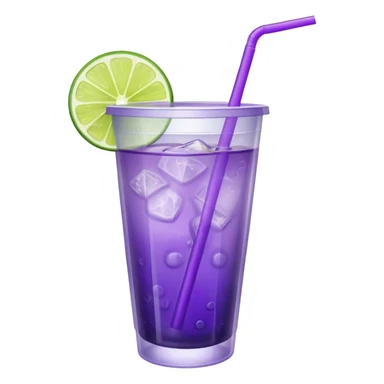 purple cocktail with a lime in a plastic cup with lid and straw sticker