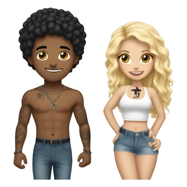 A black hair boy with tattoos with a blonde girl wearing a Shakira lace up croc top  sticker