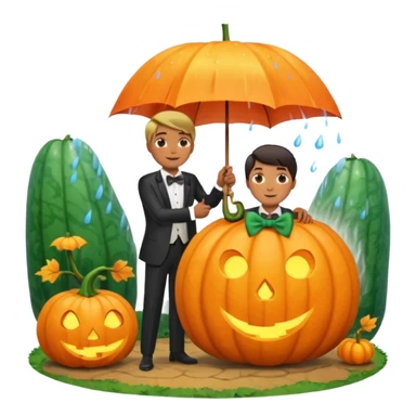 Make a guy hugging a giant pumpkin with a fork in his right hand while there's fire while there's a lady watching while it's raining while there's an umbrella on the ground that's alive and the sun has a bow tie on his neck sticker