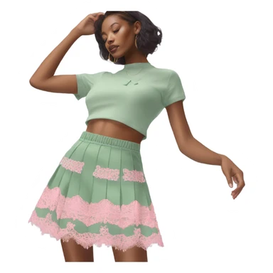 Sage green a-line mini skirt with pink lace and bows and embroidery, isolated sticker