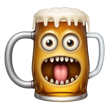 A wobbly beer tankard with eyes and teeth like a mimic monster, overflowing with beer sticker
