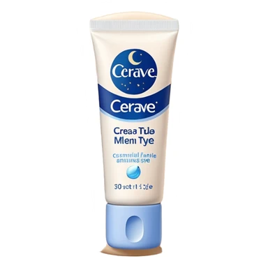 Small white CeraVe tube with blue label soft beige tip, with gentle light. Surrounded by tiny floating tear-shaped sparkles and crescent moon dust, hinting at dark circle repair. Emits a soothing blue-beige aura like a targeted eye revival spell. Compact, calming, and luminous — emoji-style. sticker