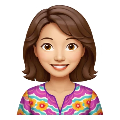 Chinese woman 48 years old, cheerful lively expression, wavy shoulder-length hair dyed brown, brown eyes, colorful printed blouse sticker