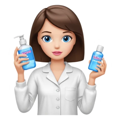 Barbie girl with makeup, blue eyes , and bob haircut, short brown hair in white pajamas, face gel in hand sticker