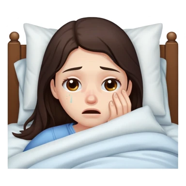 girl with long dark brown hair brown eyes and pale skin with acne crying in bed tired sick sticker