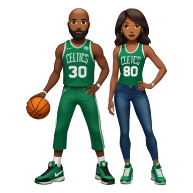 48-year-old dark skin black woman with brown eyes, long dark brown hair dressed in sexy Boston 
celtics outfit & wearing stilettos. Man: White and bald with orange beard & facial hair. He has blue eyes, is wearing a Jason Tatum Boston Celtics Jersey, jeans & green Nike sneakers  sticker