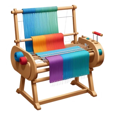 Weaving icon, loom with colorful fabric being woven, visible shuttle, spools of yarn, fabric swatches, sewing patterns, and finished clothes, minimalistic style, clean lines, transparent background. sticker