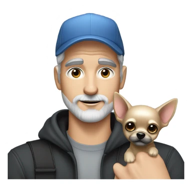 Handsome blue eyed man, with grey hair, and grey goatee beard, wearing ball cap and holding a long haired black chihuahua sticker