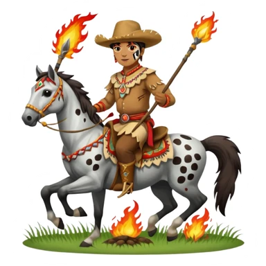 Male Chief Osceola wearing traditional Seminole garb and face paint , riding Appaloosa horse and planting a flaming spear into grass sticker