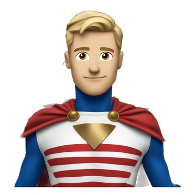 Emoji of Homelander from ‘The Boys’ series. USA flag-inspired costume with cape (red, blue, white). Confident, slightly menacing expression. sticker