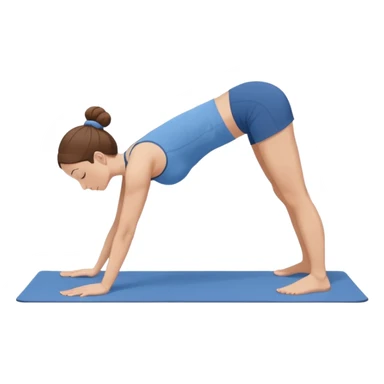 Minimalist flat vector illustration of a woman doing yoga in forward fold pose (Uttanasana), wearing sportswear (blue top and blue shorts), brown hair in a bun, clean white background, no face details, elegant style sticker