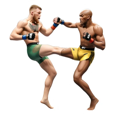 An MMA showdown between Conor McGregor and Anderson Silva in the octagon. McGregor is executing a powerful jumping strike, while Silva is expertly blocking the attack with his forearm. The background features the UFC octagon, fans in the distance, and dynamic action. Transparent background sticker