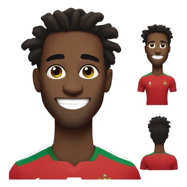  Young black man- 4 inch short dark black messy dread locks-  mad eyebrows - low dark brown eyes - no facial hair - laughing - Portugal jersey - lean muscle - nice smile  sticker