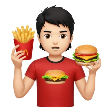 generate a pretty fair bratz boy with a messy mullet (black hair), wearing a red tshirt. eating a burger and fries, big biceps sticker