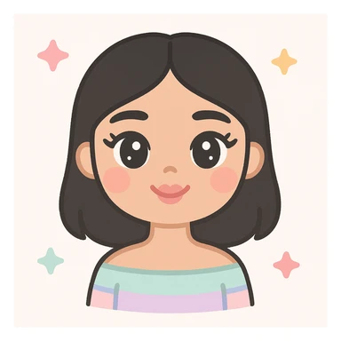viral emoji girl, beige skin tone, straight eyebrows, cat eyes with cute eyelashes, light blush, pink cupid-shaped lips, black off-shoulder 1b hair, wearing an aesthetic top, kawaii style sticker