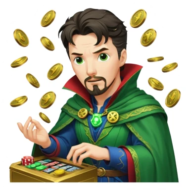 disheveled Doctor Strange losing money at a slot machine, panicked face, coins flying sticker