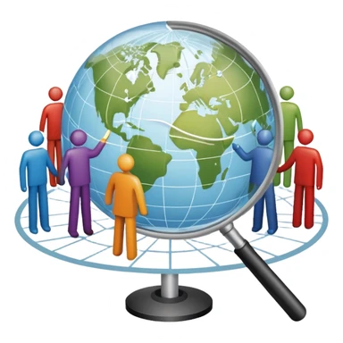 An icon featuring a group of people, a network diagram, and a magnifying glass, symbolizing sociology. The design includes a globe and interconnected lines, representing social structures and relationships. Transparent background highlights the study of societies and human behavior. sticker